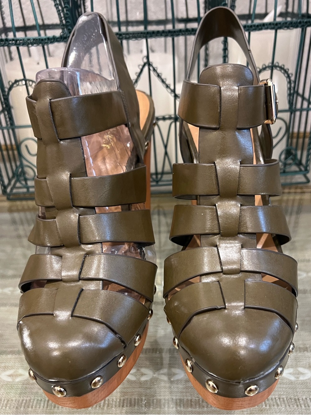 Nine West Olive Leather Woven Slingback Clogs